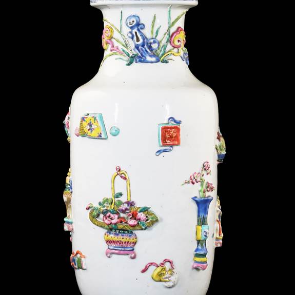 Chinese Porcelain Famille Rose Rouleau Vase with Appliqué decoration
