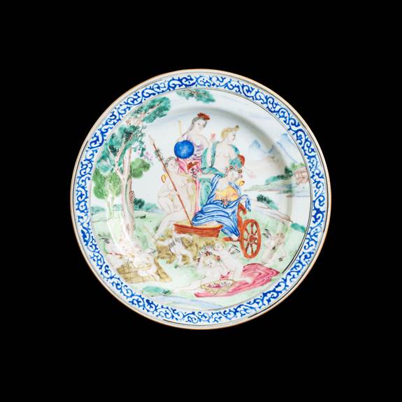 Chinese export porcelain famille rose dinner plate with European subject image of Earth after Albani