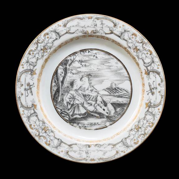 Chinese export porcelain dinner plate with a European subject scene en grisaille
