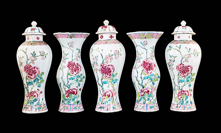 Chinese export porcelain famille rose garniture of lobed forms