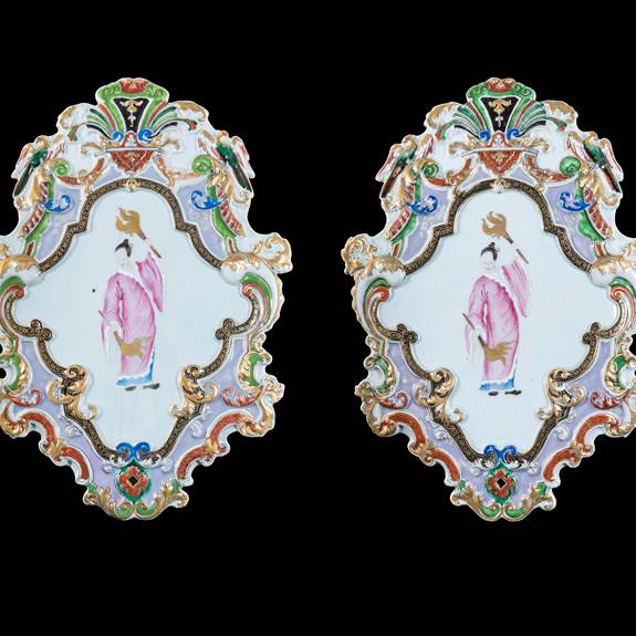 Pair of Chinese export porcelain wall sconces with the torchbearer design attributed to Cornelis Pronk
