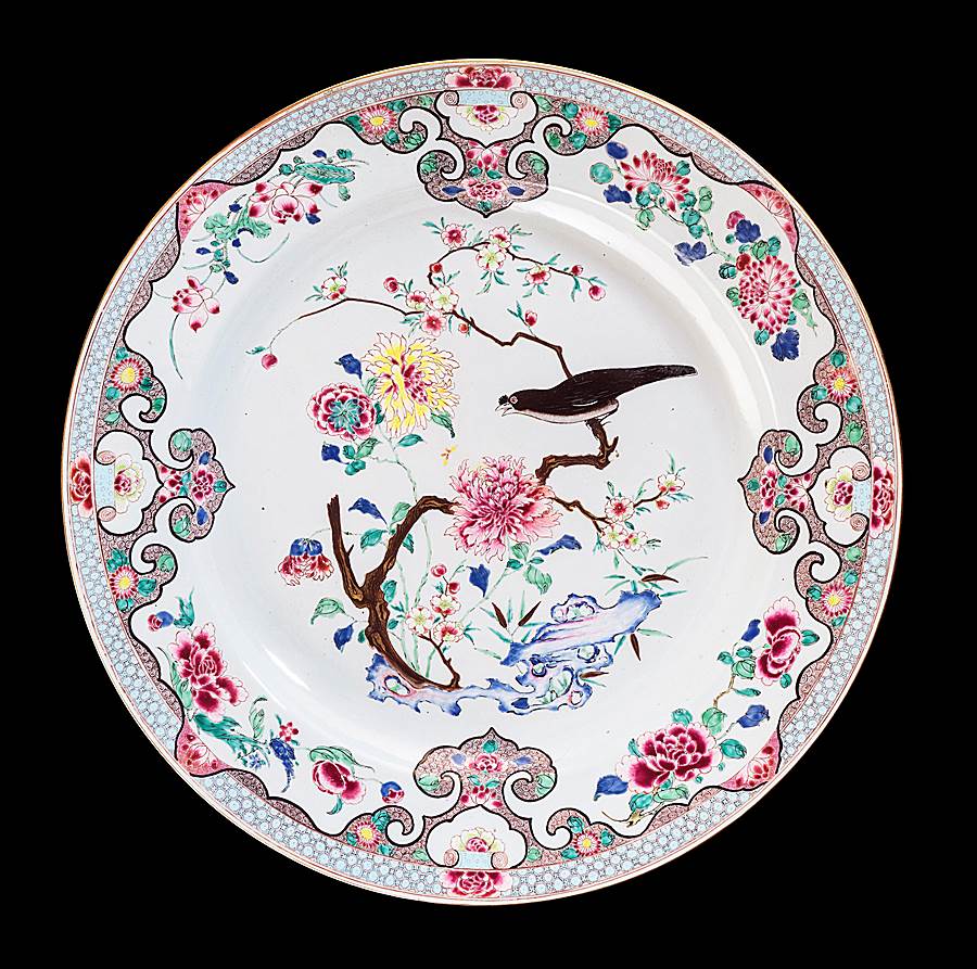 Massive Chinese export porcelain famille rose Charger with a Myna Bird