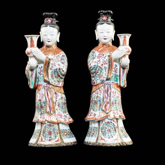 Pair of Chinese export porclain famille rose figures of ladies