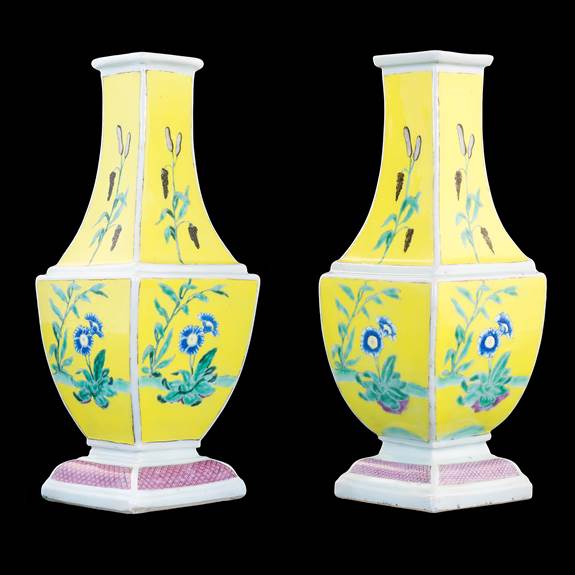 Very Rare pair of Chinese yellow ground bottle vases from the 'Pronk' workshop