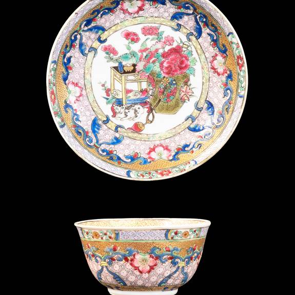 Chinese eggshell porcelain famille rose teabowl and saucer