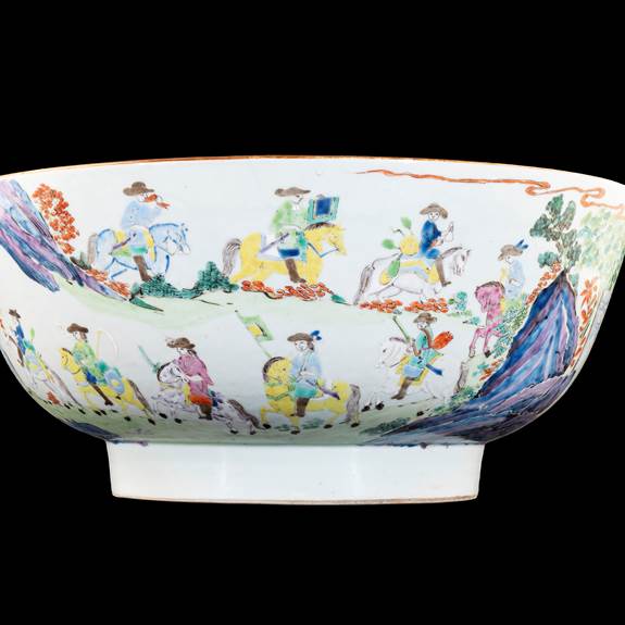 Chinese export porcelain famille rose punchbowl with a Dutch procession to meet the Chinese Emperor