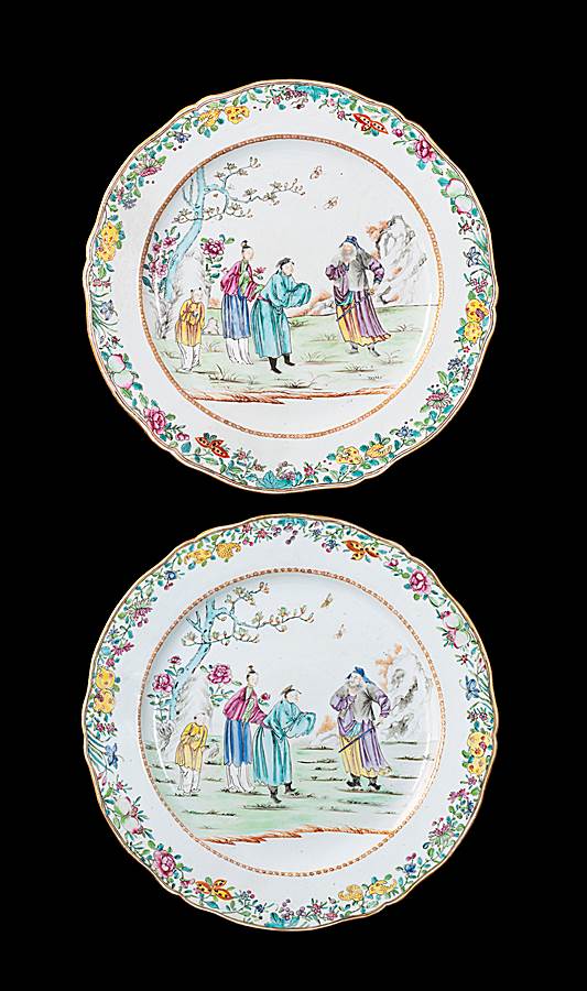 GG: Pair of Chinese export porcelain famille rose large chargers with Chinese figures