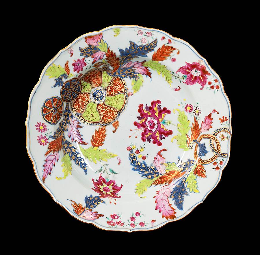 GG: Chinese export porcelain famille rose soup plate with a pseudo tobacco leaf pattern