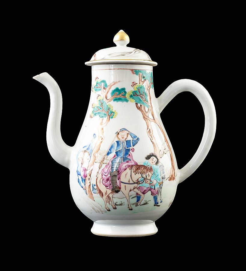 GG: Chinese export porcelain famille rose coffee pot and cover, Don Quixote