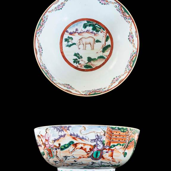 GG: Chinese famille rose porcelain punchbowl with hunting scenes and an elephant