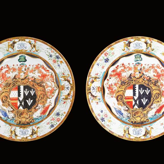 Pair of Chinese armorial porcelain chargers with the arms of Okeover