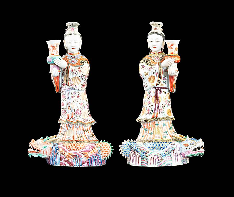 Pair of Chinese porcelain famille rose wall sconces modelled as ladies on dragons