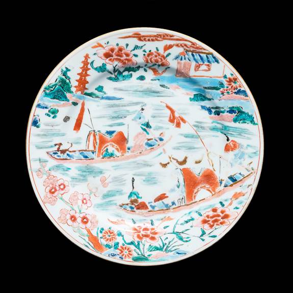 Chinese porcelain dinner plate with famille rose river scene
