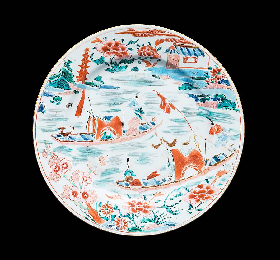 Chinese porcelain dinner plate with famille rose river scene