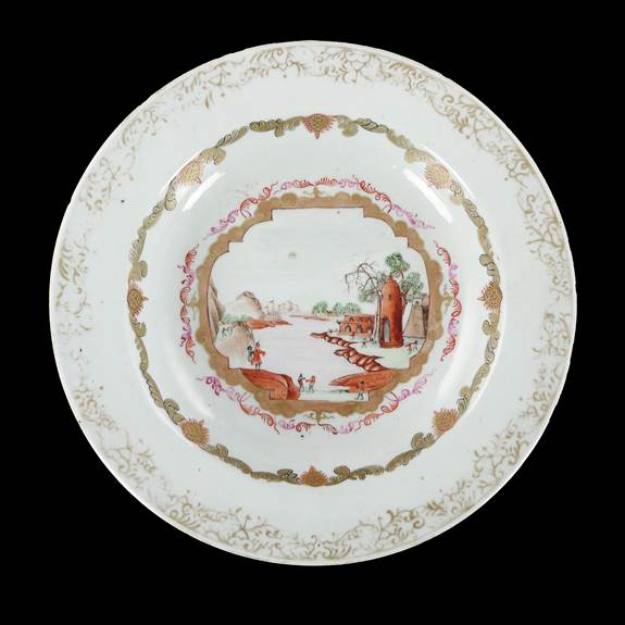 Chinese export porcelain famille rose soup plate with a Meissen style scene