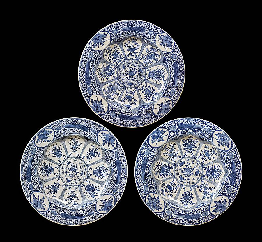 Three Massive Chinese export porcelain blue and white chargers