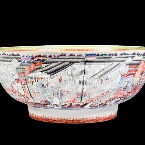 Chinese Export Porcelain Punchbowl with the Hongs at Canton