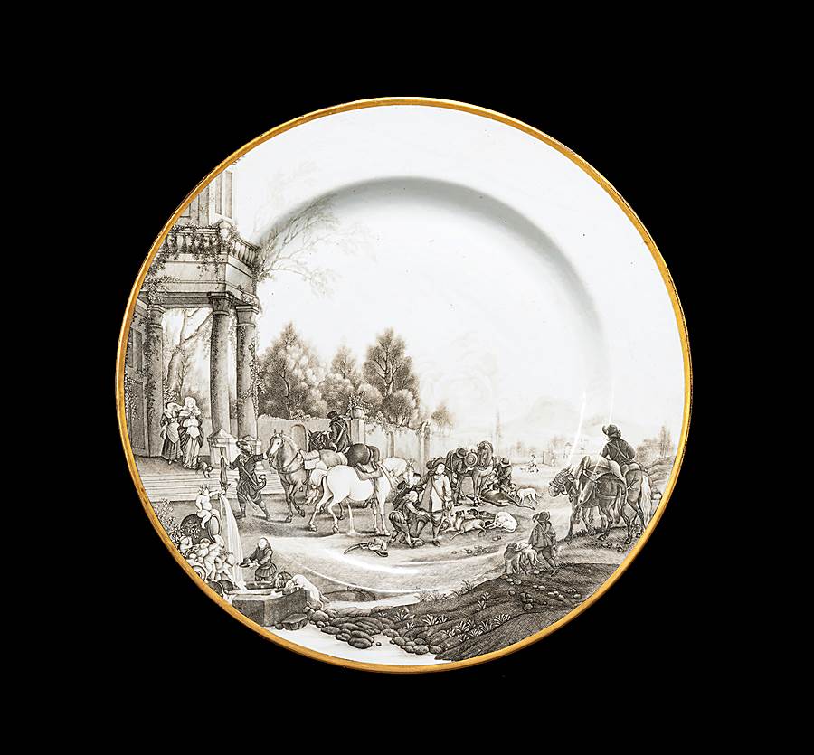 Chinese Export Porcelain Armorial Charger with Grisaille Hunt Scene