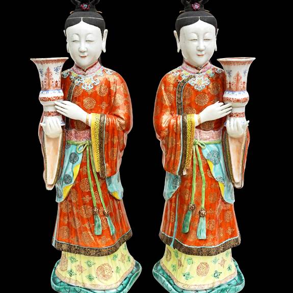 Pair of Chinese Export Porcelain figural candlesticks