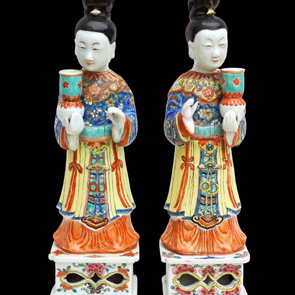 Pair of Chinese Export Porcelain figural candlesticks