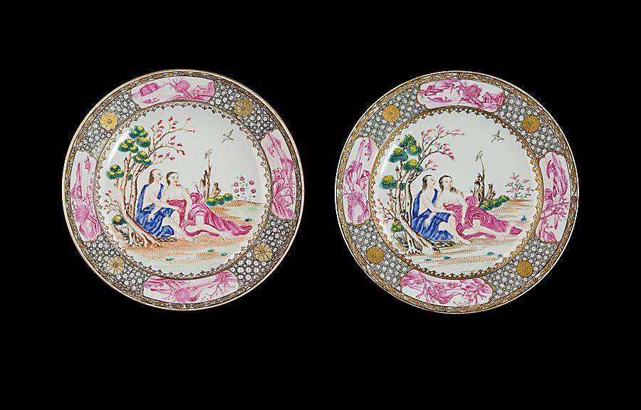 Pair of Chinese export porcelain famille rose dinner plates with European subject