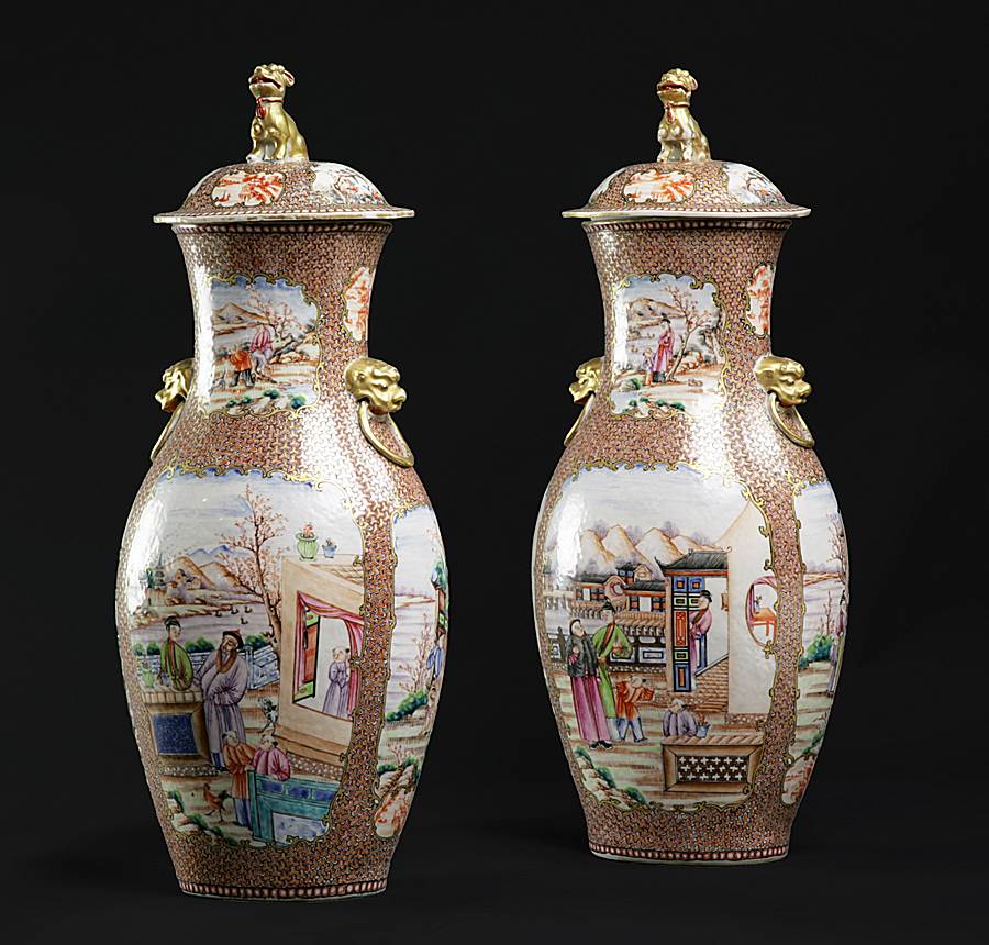 Pair of Chinese export porcelain famille rose vases and covers