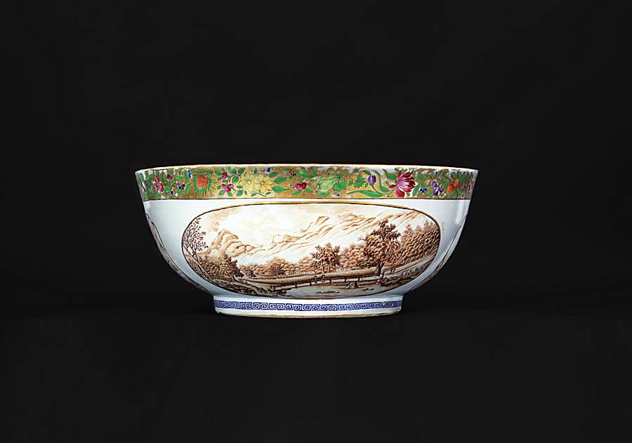 massive chinese export punchbowl for american market with view of new york