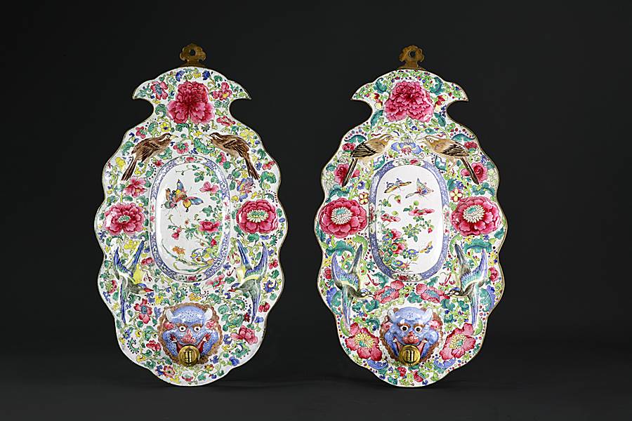 Sold: canton painted enamel pair of wall sconces