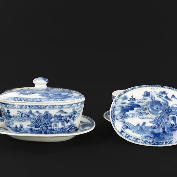 Pair of Chinese export porcelain blue and white buttertubs