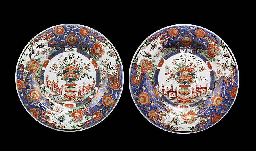 SOLD pair of Chinese export porcelain verte imari chargers