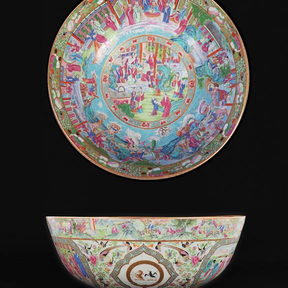 Chinese export porcelain armorial massive punchbowl, arms of Clerke