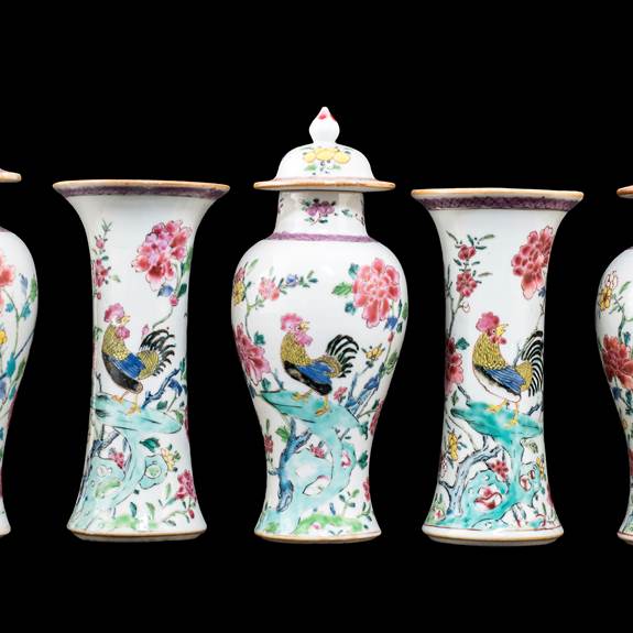 Chinese export porcelain famille rose garniture with roosters