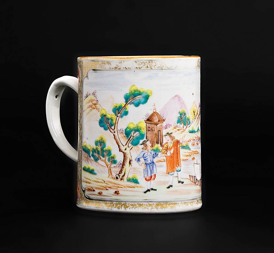 Chinese export porcelain famille rose mug, European subject