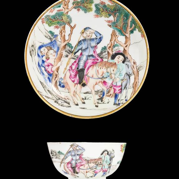 Chinese export porcelain famille rose teabowl and saucer, Don Quixote