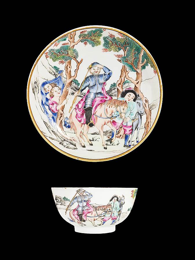 Chinese export porcelain famille rose teabowl and saucer, Don Quixote