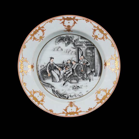 Chinese export porcelain plate painted en grisaille with a European subject tavern scene