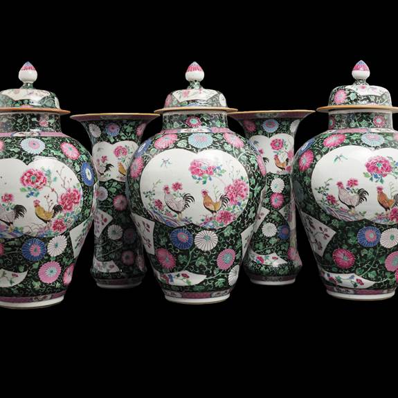 Chinese export porcelain famille rose rooster garniture