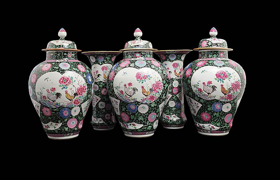 Chinese export porcelain famille rose rooster garniture