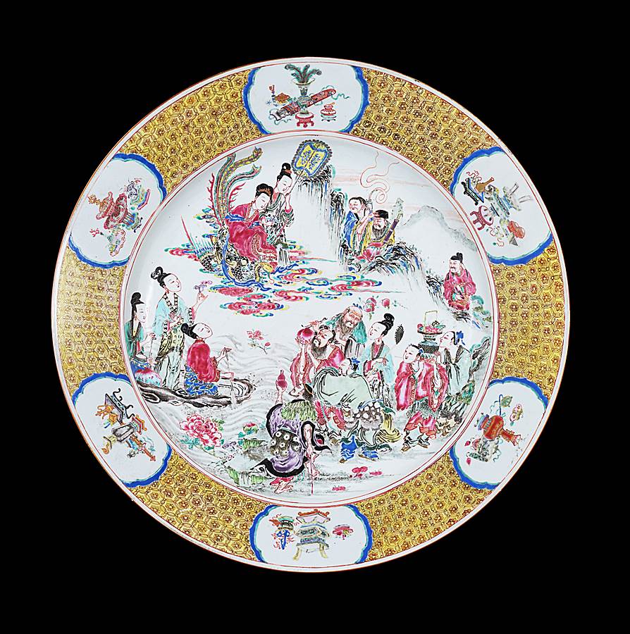 Chinese porcelain famille rose charger showing the peach banquet