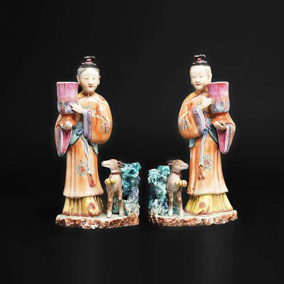 Pair of Chinese export porcelain famille rose figural candlesticks