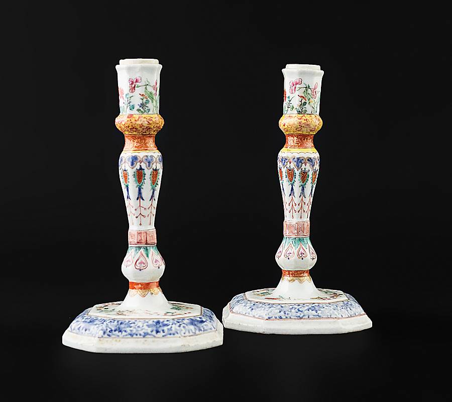 Pair of Chinese export porcelain famille rose candlesticks