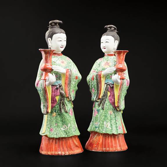 Pair of Chinese export porcelain famille rose maiden candlesticks