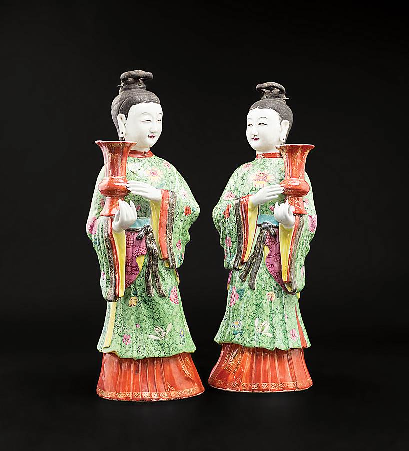 Pair of Chinese export porcelain famille rose maiden candlesticks