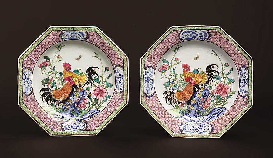 Pair of Chinese export porcelain famille rose semi-eggshell dinner plates