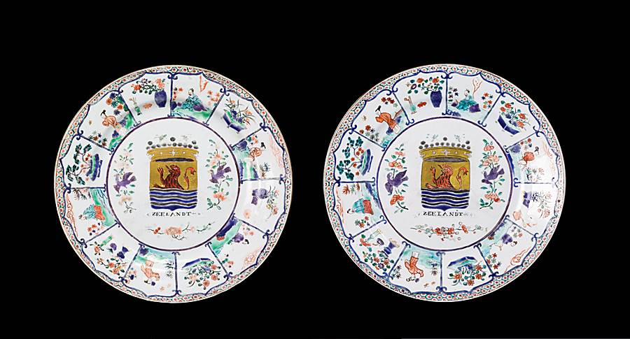 Pair of Chinese export porcelain famille verte armorial large plates