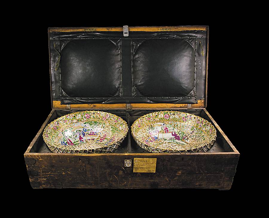 sold - pair of masonic punchbowls in original shipping crate