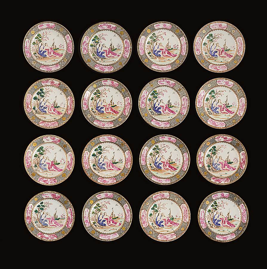 set of 16 Chinese export porcelain famille rose dinner plates with European subject