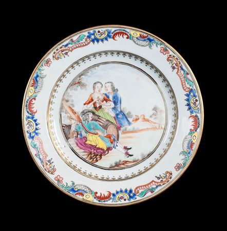 Chinese export porcelain famille rose dinner plate with European subject