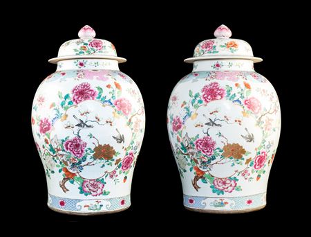 Pair of Chinese export porcelain famille rose baluster vases and covers, 26 inches high