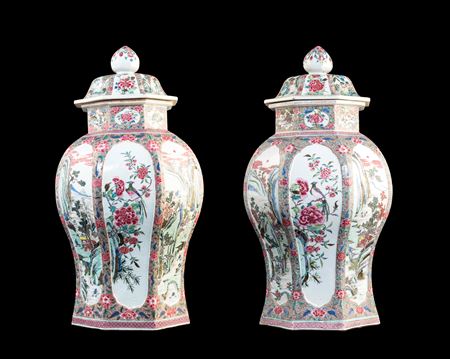 Pair of Chinese export porcelain famille rose vases of octagonal section